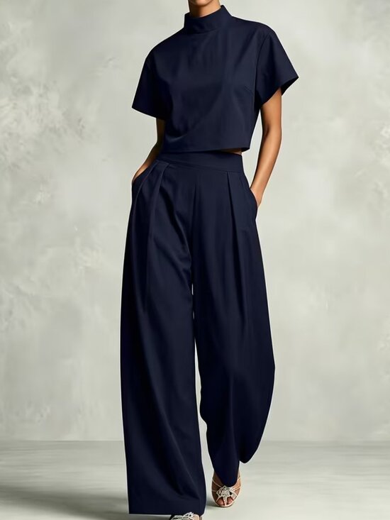 Pants - Navy Blue Short Top + Wide Leg Pants Set